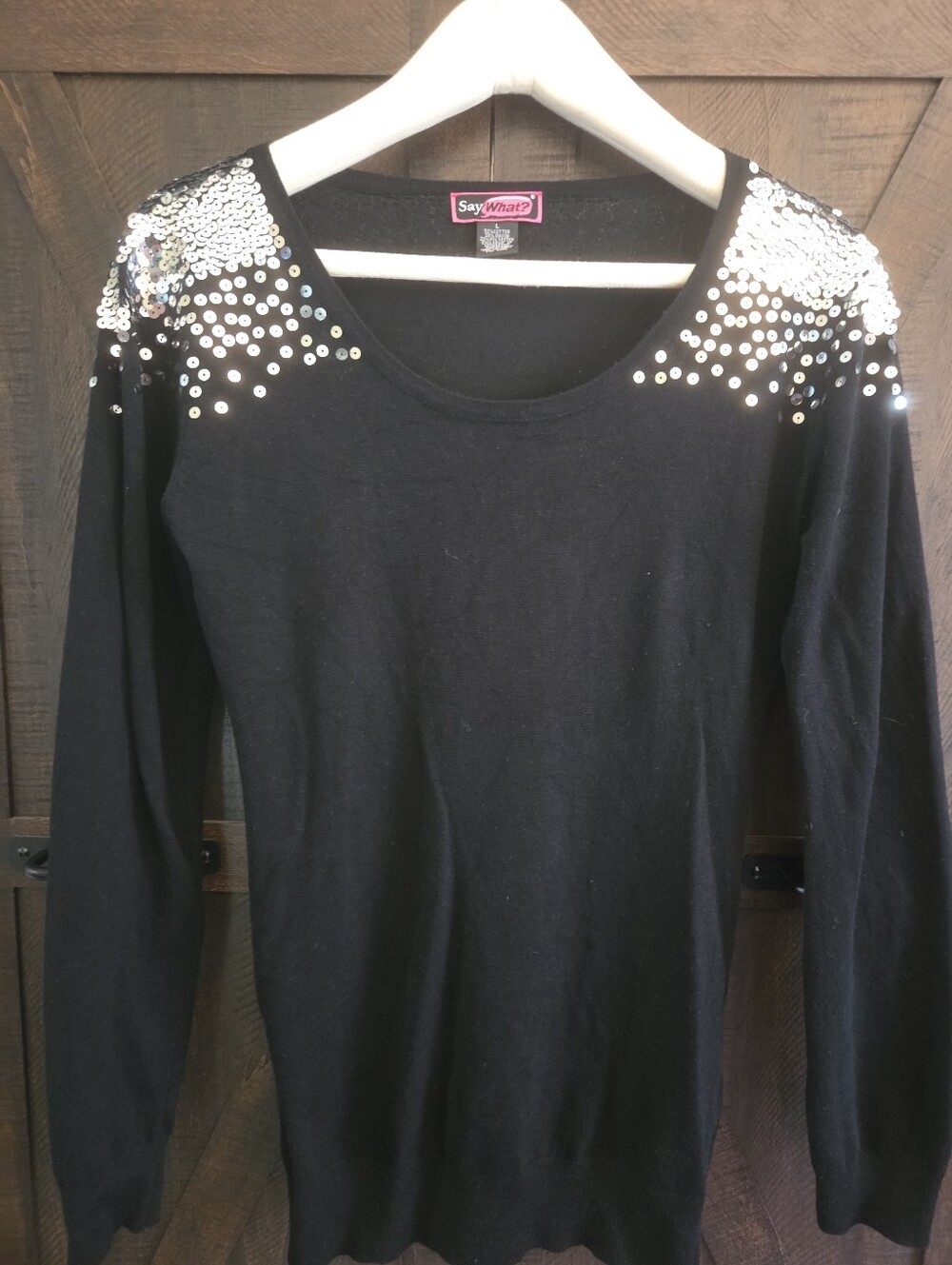 Say What? Black Long Sleeve Top with Silver Sequin Shoulders